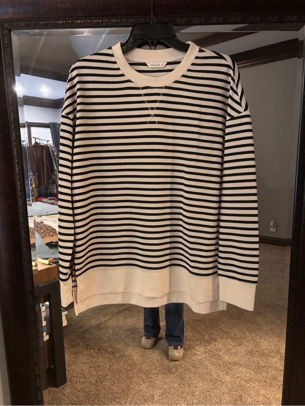 Club Monaco Black & White Striped Crewneck Sweatshirt
